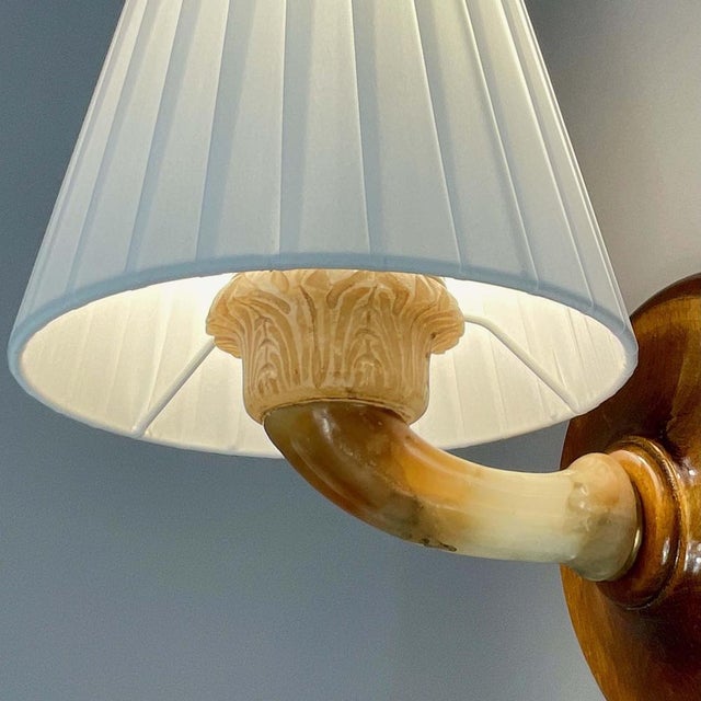 Alabaster, Birch and Pleated Fabric Wall Light, Sweden, 1920s For Sale - Image 9 of 18