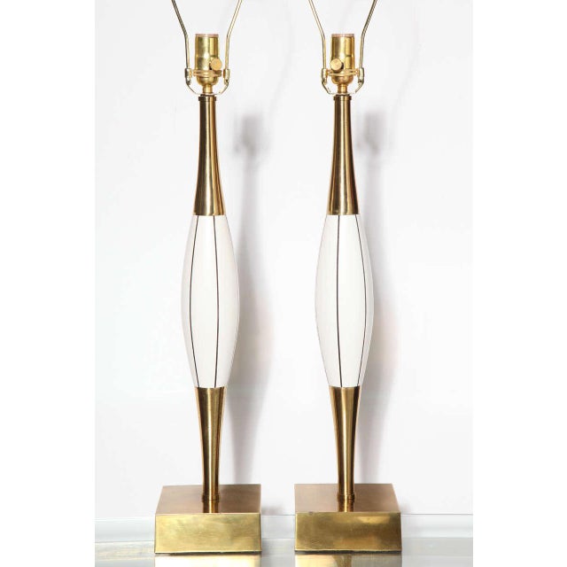 Brass Mid-Century Stewart Ross James Attrib. White Incised Wood and Brass Table Lamps - a Pair For Sale - Image 8 of 9
