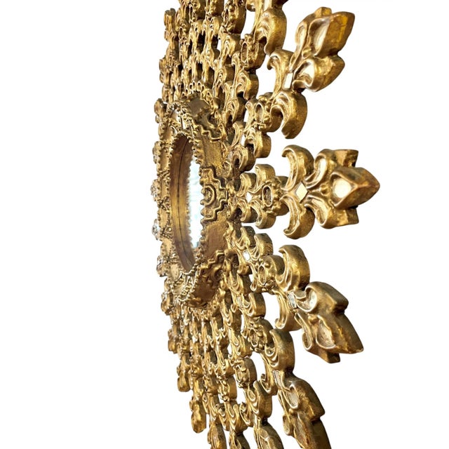 Large Mid-Century Giltwood Sunburst Mirror With Intricate Carved Detail For Sale - Image 11 of 18
