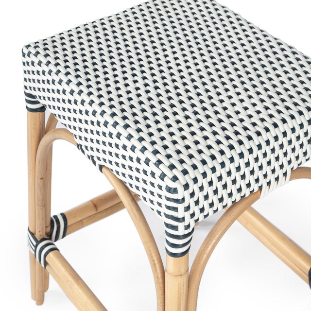 Blue Robias 24.5 in. Seat Height Rectangular Rattan Backless Counter Stool with Footrest, White/Navy Dot / Natural Rattan Frame For Sale - Image 8 of 9