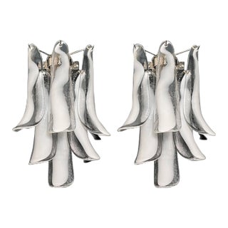 Pair of Italian Murano Wall Lights, Mazzega – 6 White Lattimo Glass Petals For Sale