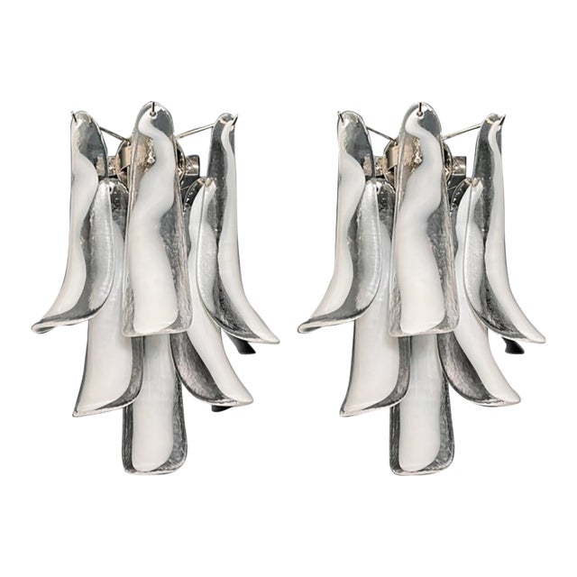 Pair of Italian Murano Wall Lights, Mazzega – 6 White Lattimo Glass Petals For Sale