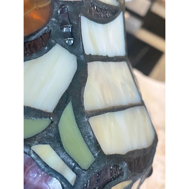 Metal Late 20th Century Tiffany Style Stained Glass Pendant Light Shades Floral Leaded Glass - a Pair For Sale - Image 7 of 7