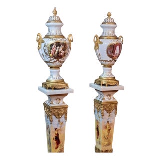 Antique-Style Porcelain Urn Set on Pedestals Hand-Painted and Gilded For Sale