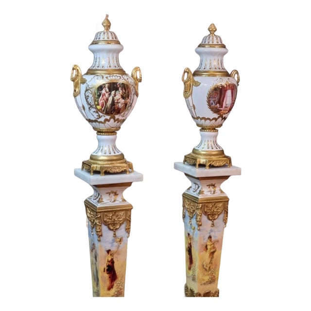 Antique-Style Porcelain Urn Set on Pedestals Hand-Painted and Gilded For Sale