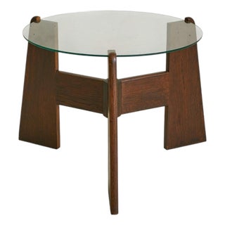 French Brutalist Round Wood + Glass Coffee Table, 1960s For Sale