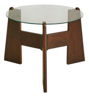 French Brutalist Round Wood + Glass Coffee Table, 1960s