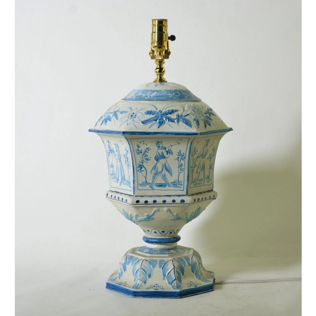 Blue & White Tole Hexagon Lamp in Delf Design For Sale - Image 4 of 7