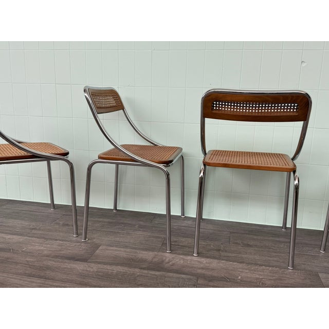 1970s Italian Chairs in Chromed Metal and Vienna Straw, 1970s, Set of 4 For Sale - Image 5 of 14