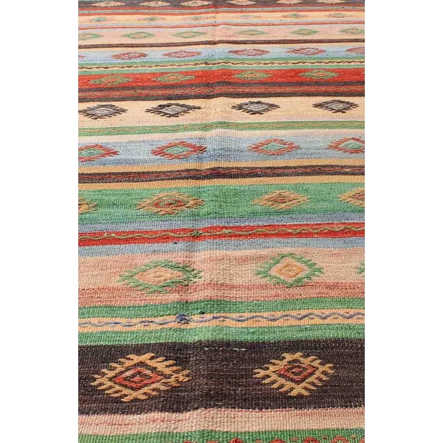 Textile Mid 20th Century Vintage Turkish Kilim Carpet With Colorful Geometric Stripe Design For Sale - Image 7 of 13