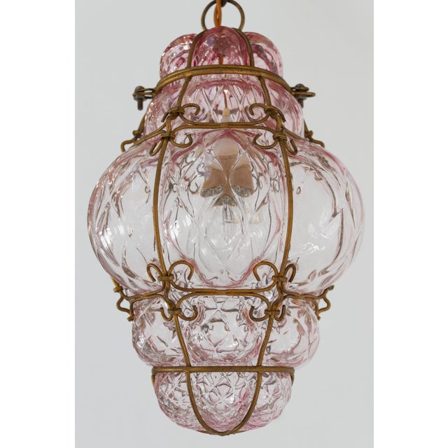 Pink Italian Murano Caged Glass Pendant by Seguso, 1950s. Beautiful hand blown glass lantern in a soft raspberry color....