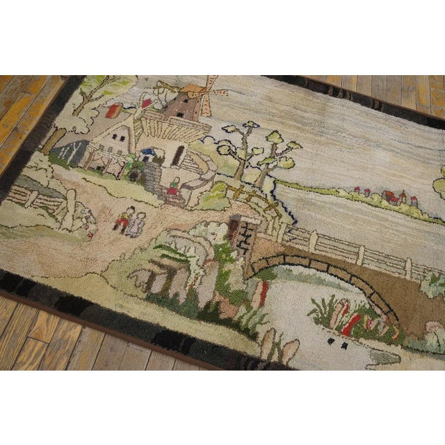 American 1940s Tan Ecru Dutch Windmill Scenic Pictorial Antique American Hooked Rug 3'2" X 5'6" Wool Carpet For Sale - Image 3 of 9