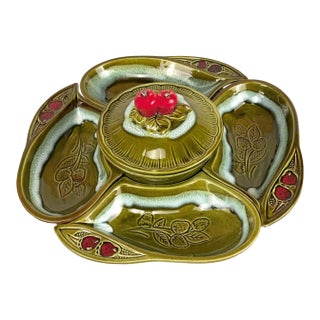 Mid-Century California Pottery Strawberry Lazy Susan Chip & Dip Centerpiece For Sale