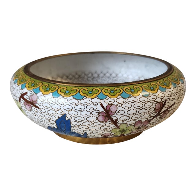 Vintage Chinese Cloisonne Enamel Bowl With Bluebird and Cherry Blossoms For Sale