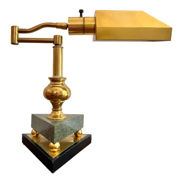 1980s Art Deco Revival Marble and Brass Bankers Lamp For Sale