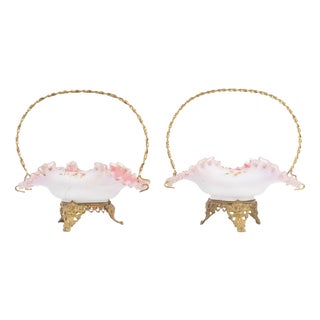 19th Century Napoleon III Opaline and Gilded Brass Baskets, Set of 2 For Sale