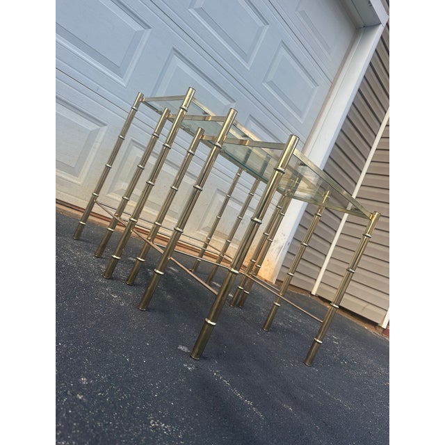 Maison Baguès Style Brass Faux Bamboo Glass Nesting Tables – Hollywood Regency Mid-Century Set of 3 For Sale - Image 4 of 12
