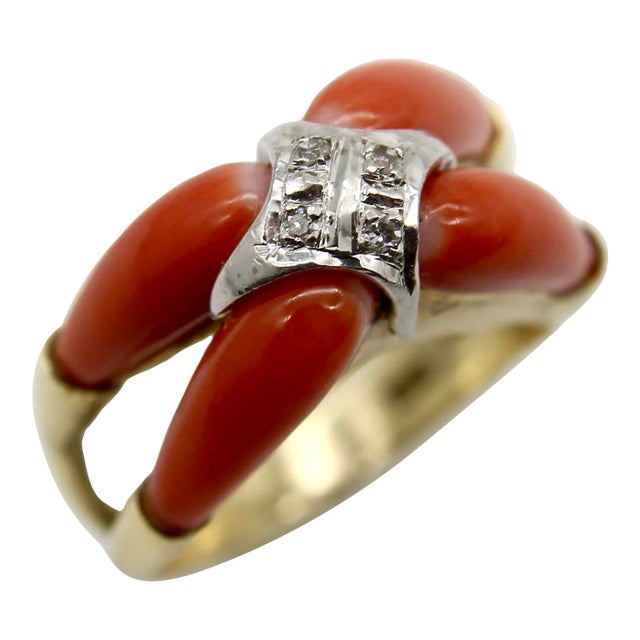 1960s 14k Gold Coral and Diamond Modernist Ring Size 7.75 For Sale