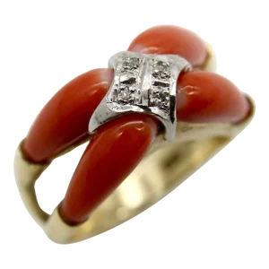 1960s 14k Gold Coral and Diamond Modernist Ring Size 7.75