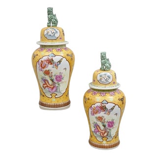 Vintage Chinese Porcelain Large Foo Dog Covered Temple Urns Ginger Jars - A Pair For Sale