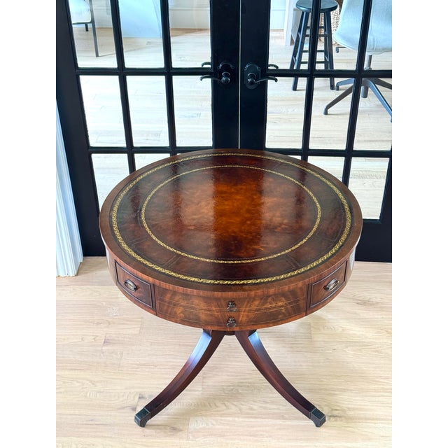 Traditional Grand Vintage Regency Drum Table – Mahogany Finish Library & Living Room Accent For Sale - Image 3 of 12