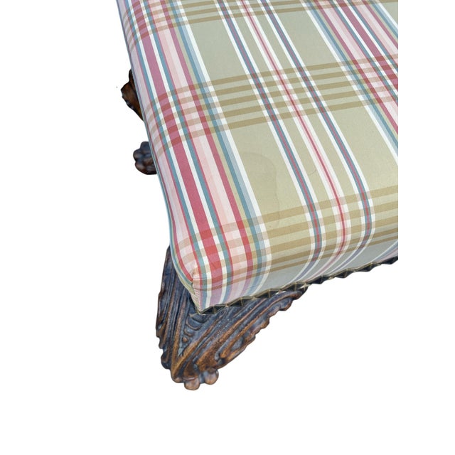 Green English Chippendale Style Carved Ball-and-Claw Plaid Upholstered Long Bench - 57 Inch For Sale - Image 8 of 12