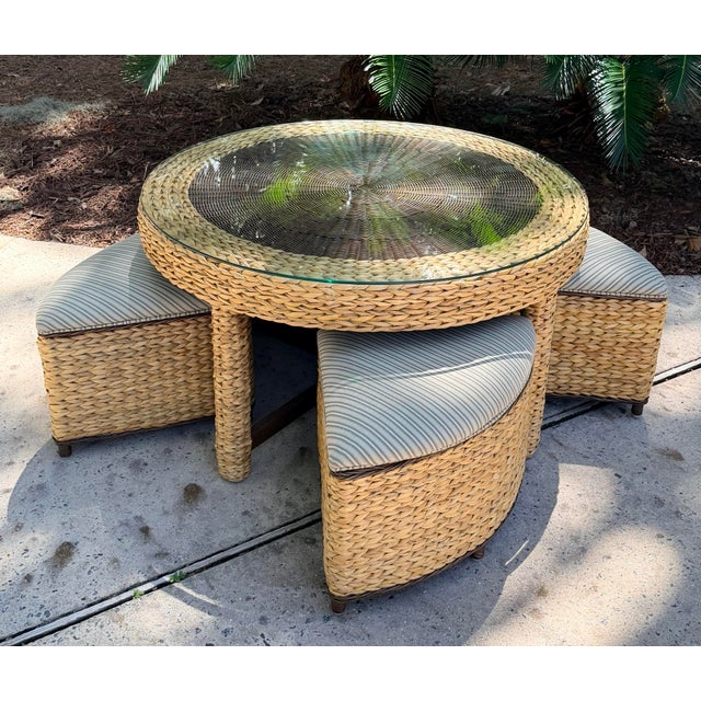 French Round Woven Wicker Coffee/Game Table Set With Matching Nesting Stools Ottomans and Glass Top For Sale - Image 3 of 12