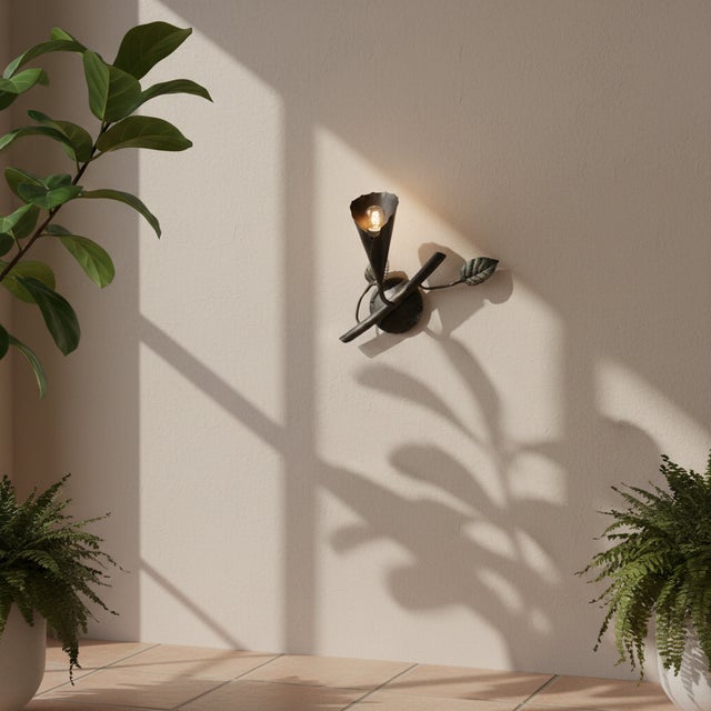 Rustic Hand-Forged Wrought Iron Wall Sconce Body (Botanical Lily & Leaf Design) Artistic Fixture For Sale - Image 3 of 6