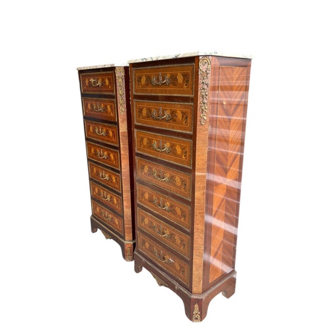 French Pair of Antique French Louis XV-Style Marble Tall Cabinets With Inlaid Marquetry, A Pair For Sale - Image 3 of 12