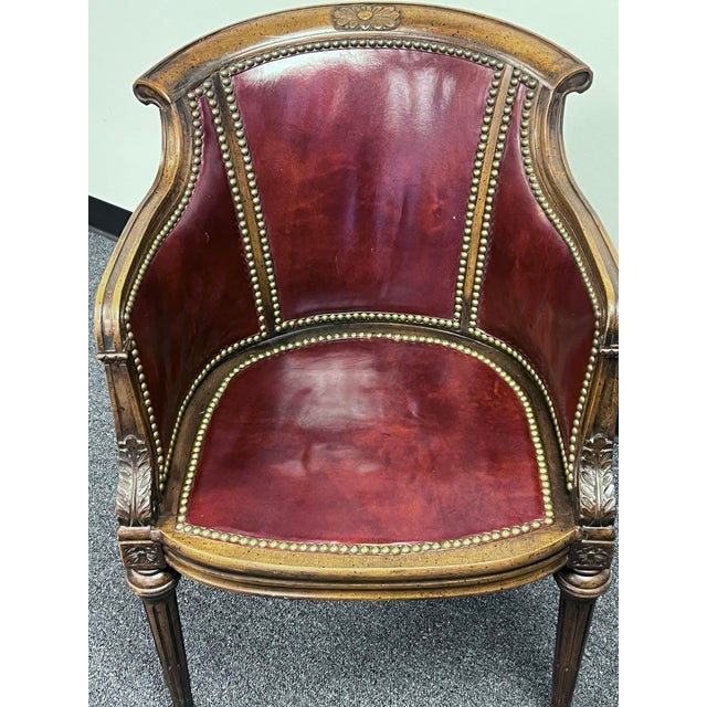 Louis XVI Style Leather Barrel Back Library Chair For Sale - Image 9 of 12