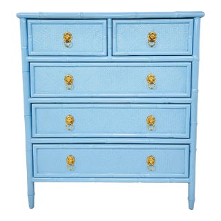 Vintage Faux Bamboo & Woven Wicker Lacquered Chest of Drawers For Sale