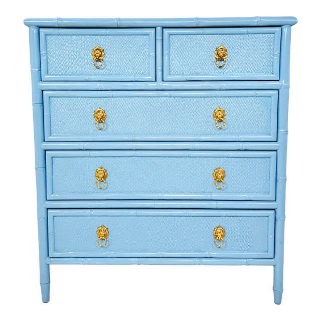 Vintage Faux Bamboo & Woven Wicker Lacquered Chest of Drawers For Sale