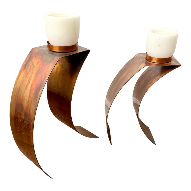 Brutalist Signed Sanders Vintage Copper Candleholder Set Modern MCM For Sale