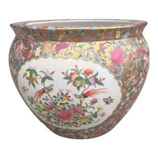 Vintage Chinese Famille Rose Gilt Porcelain Fishbowl Planter With Floral and Bird Motifs For Sale