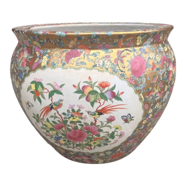 Vintage Chinese Famille Rose Gilt Porcelain Fishbowl Planter With Floral and Bird Motifs For Sale