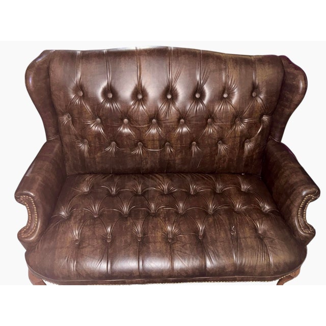 Vintage English Chesterfield Tufted Oxblood Leather Wingback Settee For Sale In Los Angeles - Image 6 of 12