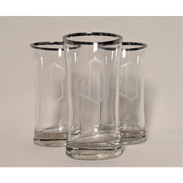 Contemporary Silver Rim Monogram Glass Tumblers Set of 8 - Initial C For Sale - Image 3 of 11