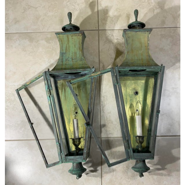 Exceptional Pair of Vintage Solid Brass Wall Lanterns - Patinated Verdigris For Sale - Image 16 of 16