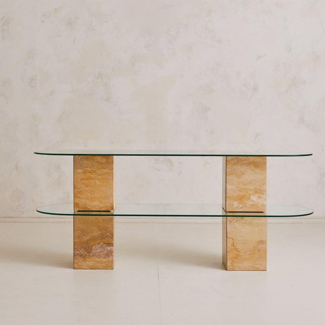 Modern Italian Two-Tier Pill Shaped Glass + Travertine Console, 1970s For Sale - Image 3 of 8