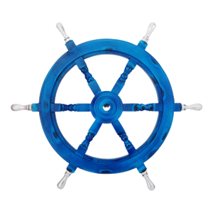 Antique Vintage Nautical Handcrafted Blue Wooden Ship Wheel With Aluminium Hub & Handle