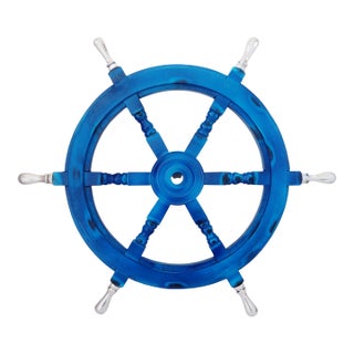 Vintage Nautical Handcrafted Blue Wooden Ship Wheel With Aluminium Hub & Handle For Sale