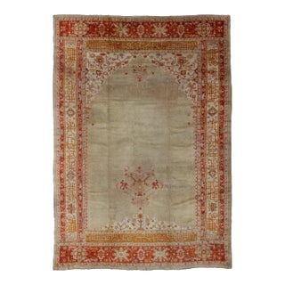 Large Antique Oushak Rug in Taupe / Light Green Background and Red Border For Sale