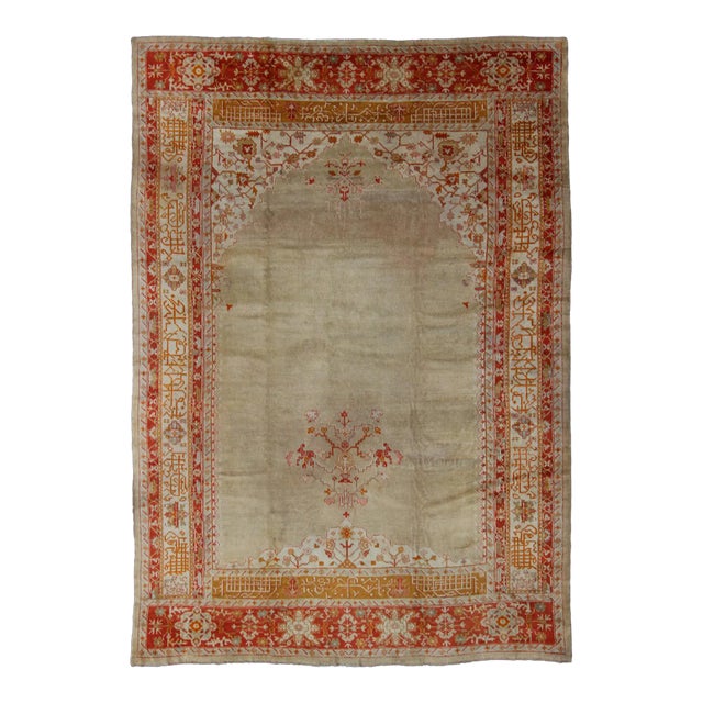 Large Antique Oushak Rug in Taupe / Light Green Background and Red Border For Sale