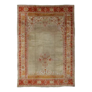 Large Antique Oushak Rug in Taupe / Light Green Background and Red Border