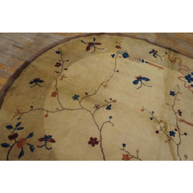 1920s Beige Floral Antique Chinese Oval Art Deco Carpet 6'2'' X 7'9'' Wool Knotted Rug For Sale - Image 9 of 9