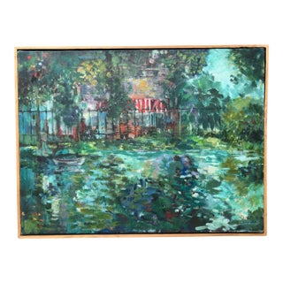 Vintage Framed Impressionist Painting of Garden Pond With Rowboat, Signed "Spehar," For Sale