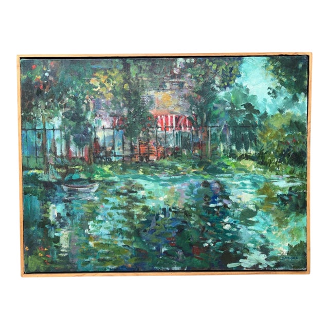 Vintage Framed Impressionist Painting of Garden Pond With Rowboat, Signed "Spehar," For Sale