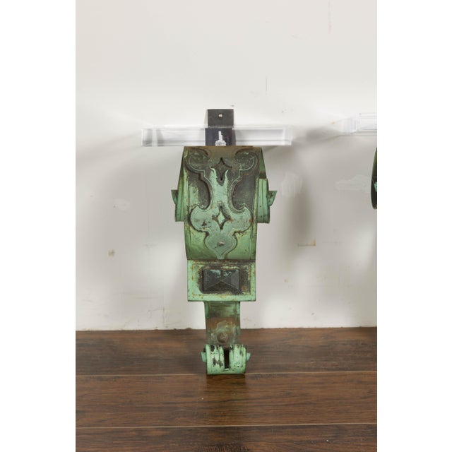 Green 19th Century English Bronze Verdigris Wall Brackets with Lucite Tops, a Pair For Sale - Image 8 of 12