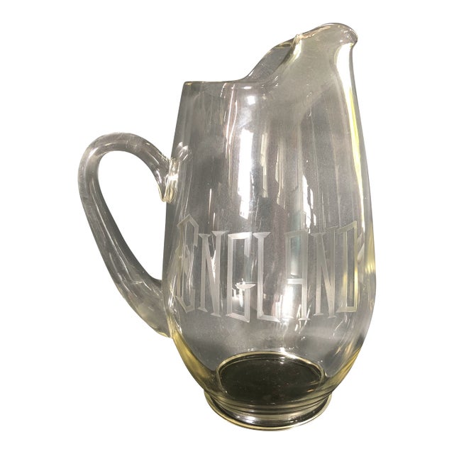 Vintage Large Engraved Glass Pitcher “England” For Sale
