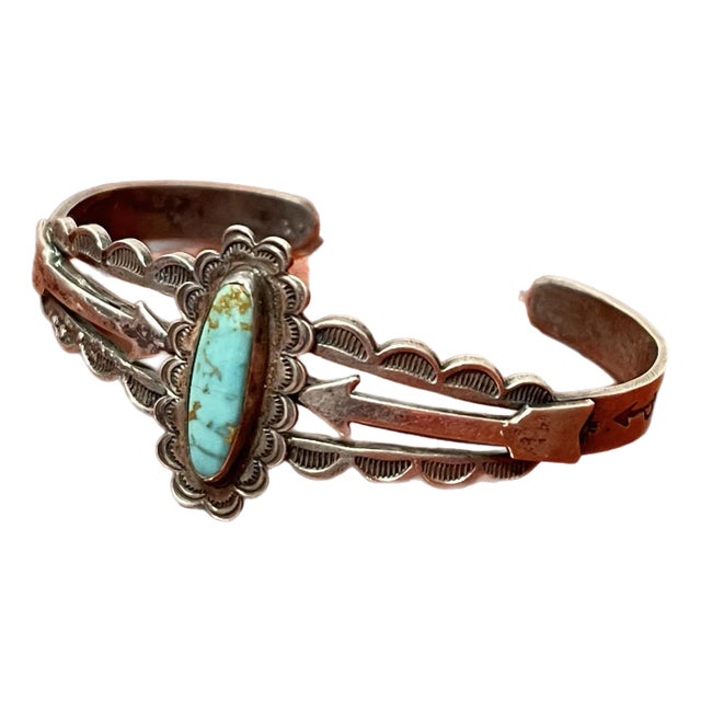 Navajo Old Pawn Turquoise Arrow Silver Cuff For Sale